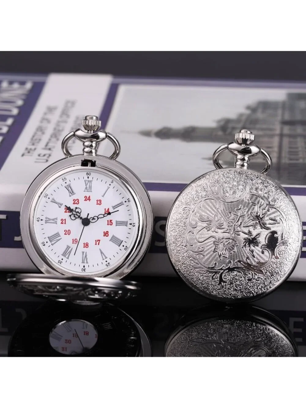 Men's Silver Quartz Engraved Wave Pattern Arabic Numerals Chain Pocket Watch